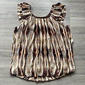 Dressbarn Brown and Cream Patterned Ruffle Sleeve Blouse